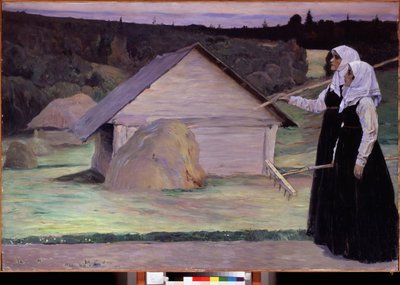 Summer. Two women carrying their rake, in the evening after field work, walk in front of haystacks and wooden huts. Painting by Mikhail Vasilyevich Nesterov by Mikhail Vasilievich Nesterov