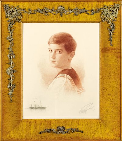 Portrait of the Successor to the Throne Tsarevich Alexei Nikolaevich of Russia with a Remark Depiction of the Imperial Yacht (Engraving by Mikhail Viktorovich) by Mikhail Viktorovich Rundaltsov