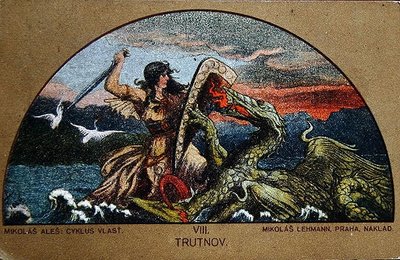 Postcard depicting the Knight Trut fighting the Dragon of the Rocks, c.1900 by Mikolas (after) Ales