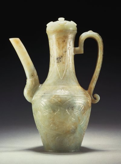 A late Ming celadon jade ewer and cover by Ming Dynasty Chinese School