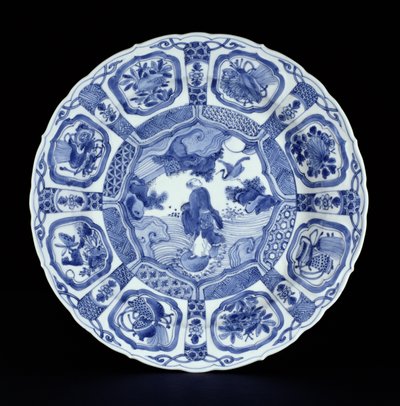 Blue and white kraak platter painted with Li Tiegvai crossing the sea on a double gourd, Wanli period, 1594-1610 by Ming Dynasty Chinese School