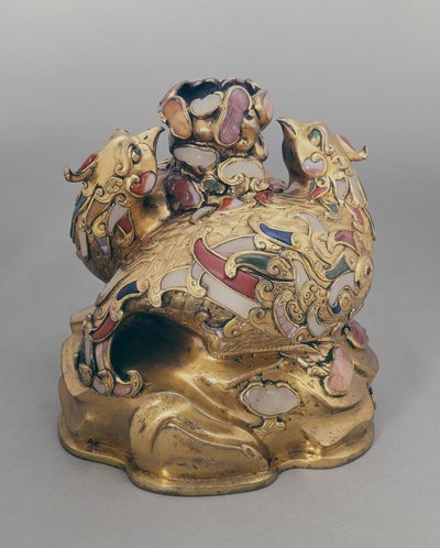 Chinese gilt copper wine vessel in the form of phoenixes on a rock by Ming Dynasty Chinese School