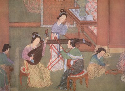 Chinese lute, moon guitar and table zither by Ming Dynasty Chinese School