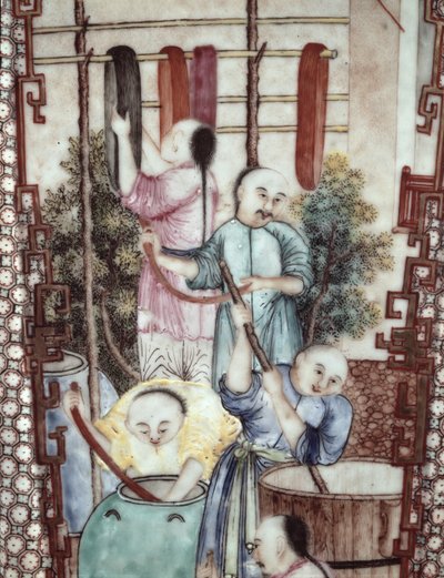 Detail from a Vase Depicting Men Dyeing Silk by Ming Dynasty Chinese School