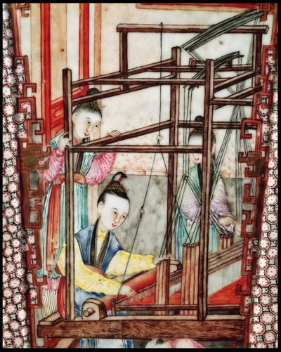 Detail from a vase depicting silk weaving by Ming Dynasty Chinese School