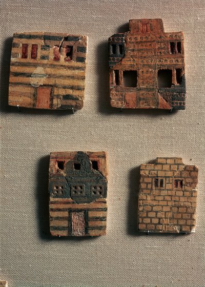 Minoan art: small ceramic tiles depicting Minoan houses by Minoan