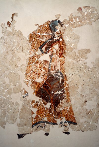 Minoan civilization: women in worship (detail). Fresco from the lustral basin of Xeste 3 in Akrotiri (Thera), Santorini. 16th century BC. Santorini, Collection of frescoes by Akrotiri a Thera by Minoan