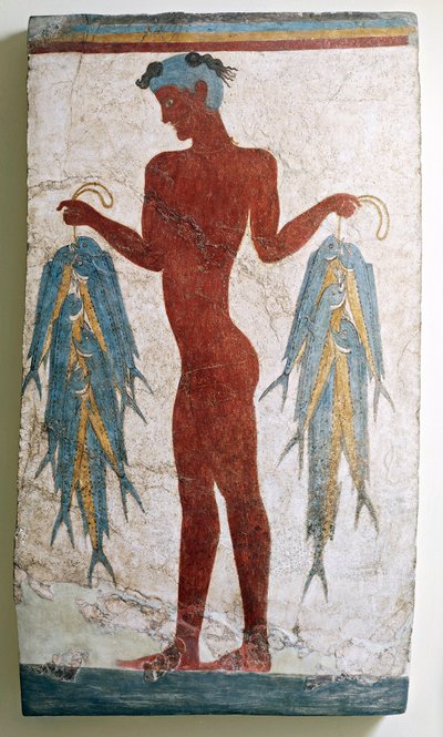 Greek Civilization, Fresco Depicting Fisherman, from Akrotiri, Thera, Santorini, Greece by Minoan