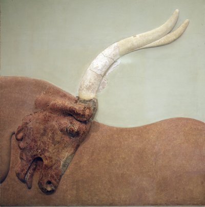 Minoan Art. Fragment of plaster relief fresco showing a hunted bull by Minoan