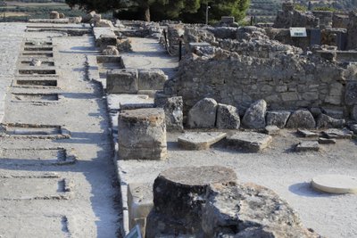 Minoan archaeological site of Phaistos. General view of the west wing shrines along the central court from the north wing. There were two types of shrine: 
