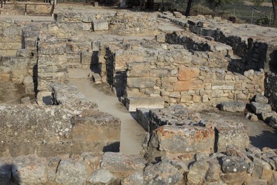 Minoan archaeological site of Phaistos. View over the North East Complex. Complex of four rooms directly adjoining the old palace. These rooms were used to store valuable ritual vessels. The famous 