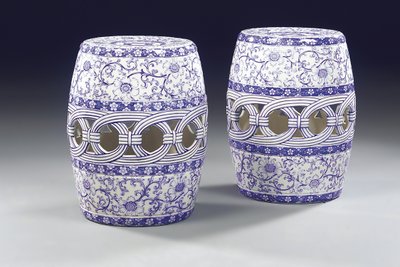 A pair of blue and white garden seats by Mintons Ltd