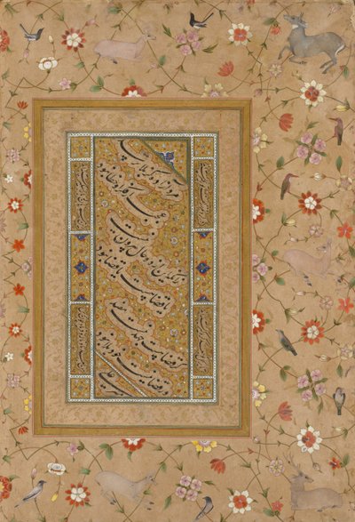 Page from the Late Shah Jahan Album: Persian Calligraphy Framed by an Ornamental Border of Flowers and Birds by Mir 