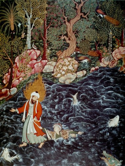The prophet Elijah rescuing Prince Nur ad-Dahr, From the Hamzanama, 1562-1577 by Mir Sayyid Ali