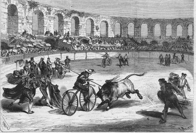 Bulls Race in the Arena of Nimes in 1869 (The Toreadors Mounted on Velocipedes, Drawing by Mr. Miranda) by Miranda Miranda
