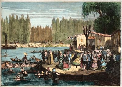 Swimming at La Grenouillere, just outside Paris - La Grenouillere at Croissy-sur-Seine in 1869 - after Miranda by Miranda Miranda