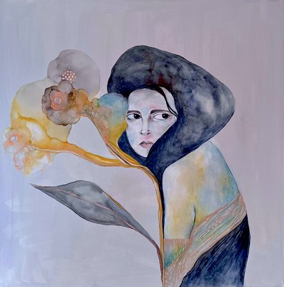 Pensive Woman and Bloom by Mishel Schwartz