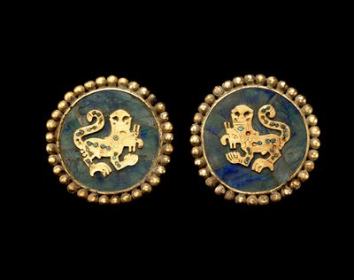 Pair of Ear Ornaments Depicting Supernatural Felines by Moche Moche