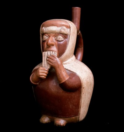 Pre-Columbian Art, Mochica Civilization: Anthropomorphic Vase Representing a Character Playing Antara by Moche Moche