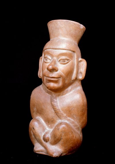 Precolombian art, Mochic civilization: anthropomorphic terracotta bottle representing a prisoner before his sacrifice by Moche Moche