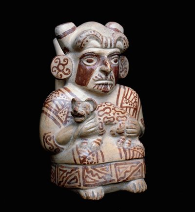 Pre-Columbian Art, Mochica Civilization: A Mochica Chief with a Feline in His Arms by Moche Moche