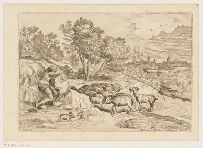 Landscape with Three Resting Shepherds and a Flock (Landscapes after Titian) by Moise Jean Baptiste Fouard