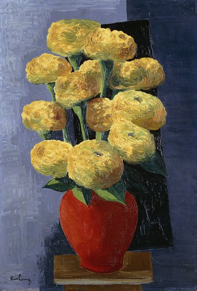 Yellow Flowers in a Red Vase by Moise Kisling
