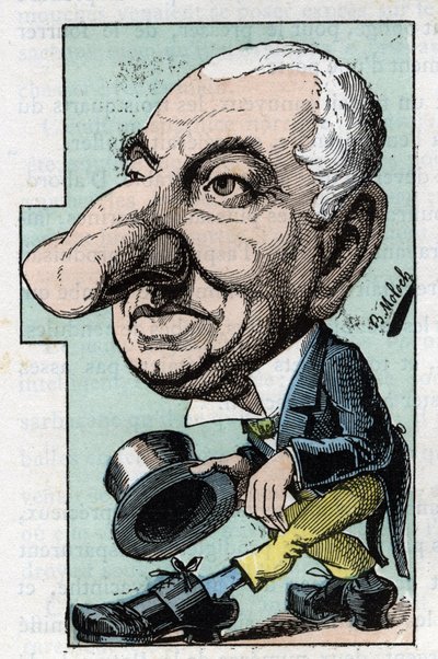 Portrait of Louis Hyacinthe Duflost, Dit Hyacinthe (1814-1887) comedian and operette singer in “Le Trombinoscope” by Touchatout, caricature by B. Moloch of 1882. Private collection by Moloch