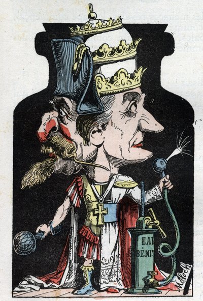 Allegory of the Concordat (signed between Pius VII and Bonaparte) of 1801 represented by Moloch as a compression device with Napoleon III and the Pope by Moloch