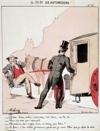 Cartoon of transport in the city. A bourgeois asks a coachman to take him to a street and is surprised that he refuses since he is free asks him why. The driver says that it is precisely because he is free of his choices that he refuses by Moloch