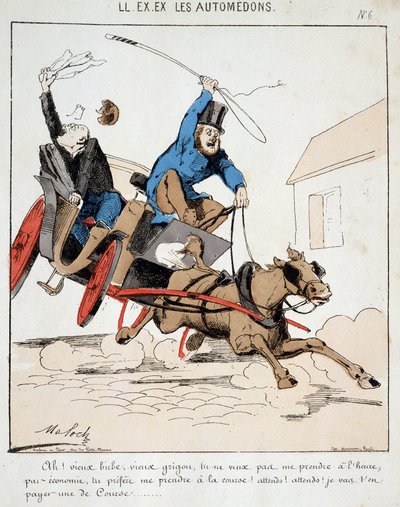 Cartoon of transport in the city. A coachman leads a bourgeois at all pace in the city under the pretext that he refuses to pay him on time but wants to pay him for the race. Drawing by Moloch, around 1860 by Moloch