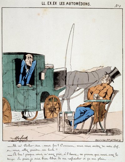 Cartoon of transport in the city. A coachman pays on time stops at a cafe to take a bock under the rales of the bourgeois he carries. Drawing by Moloch (1849-1909), around 1860. by Moloch