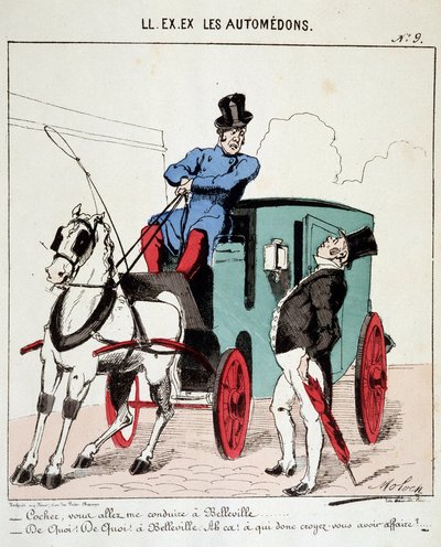 Cartoon of Transport in the City. A Coachman Refuses to Take a Bourgeois to Belleville (Quartier de Paris). Drawing by Moloch, around 1860 by Moloch