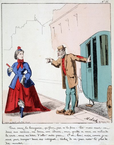 Cartoon of transport in the city. The coachman rebukes a bourgeois who goes to the park while her husband asked the driver to drive her to another place. Drawing by Moloch (1849-1909), around 1860. by Moloch