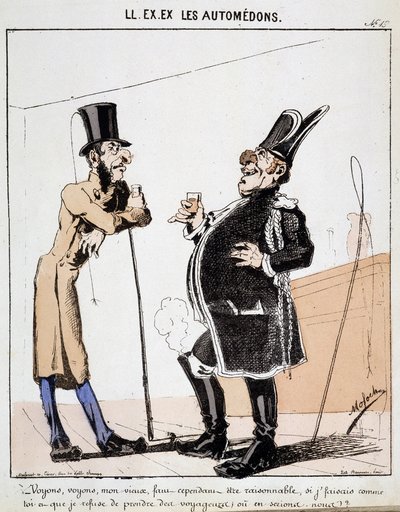 Cartoon of transport in the city. Two coachmen talk over a glass of alcohol instead of taking passengers. Drawing by Moloch (1849-1909), around 1860. by Moloch