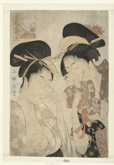 Two Women and a Small Child: The Fifth Month. Gogatsu (title on object) Northern Customs during the Five Festivals. (series title) Azuma fuzoku gosekku awase. (series title on object) by Momokawa Chôki