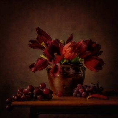 Moody Tulips and Grapes by Monique van Velzen