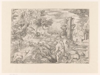 Landscape with Shepherd and Flock of Sheep by Monogrammist DB (etser 16de eeuw)