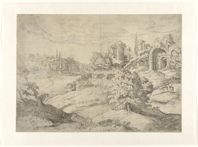 Vast Landscape with Classical Temples by Monogrammist DB (etser 16de eeuw)