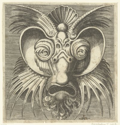 Mask with dishes around the eyes and pointed crests on the cheeks and forehead (series title: Book of Various Masks) by Monogrammist IHS