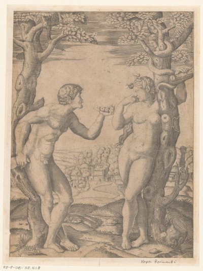The Fall of Adam and Eve at the Tree of Knowledge of Good and Evil with Serpent by Monogrammist NF (graveur)
