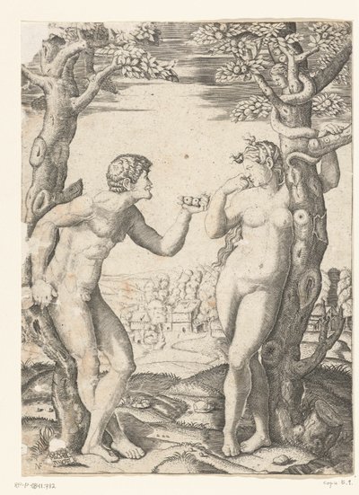 The Fall of Adam and Eve at the Tree of Knowledge of Good and Evil with Serpent by Monogrammist NF (graveur)