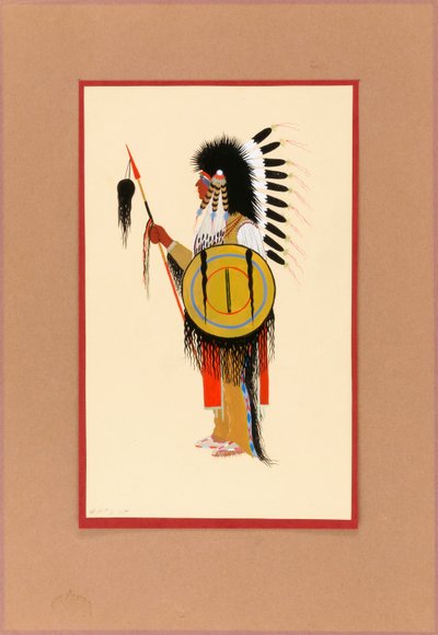 Cheyenne Warrior in Feather Headdress with Shield by Monroe Tsatoke