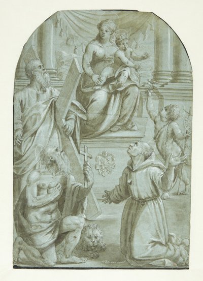 Mary with the Christ Child Enthroned, Surrounded by the Apostle Andrew, John the Baptist as a Child, St. Jerome, and St. Francis of Assisi by Moretto da Brescia