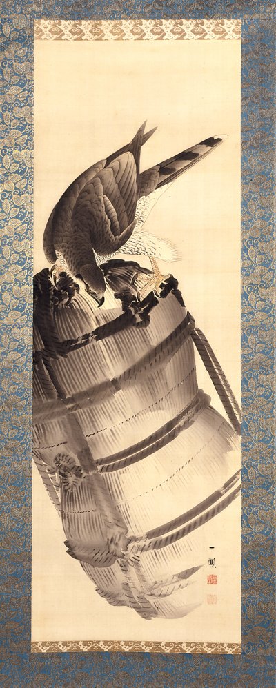 Hawk on a Straw Rice Bale by Mori Ippo