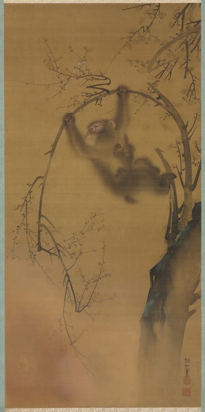 Monkeys in a Cherry Tree, Monkeys on a Rock Ledge by Mori Sosen