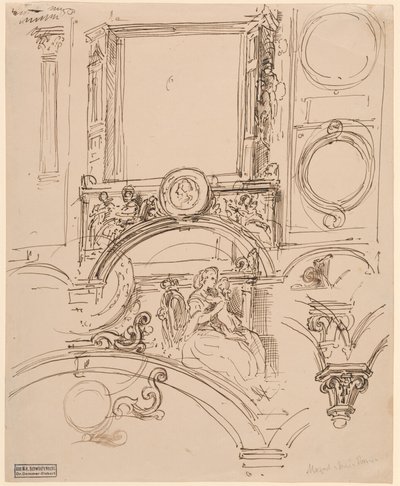 Architectural Details for a Wall Decoration with Empress Maria Theresia Embracing the Young Wolfgang Amadeus Mozart, c.1864 by Moritz Ludwig von Schwind
