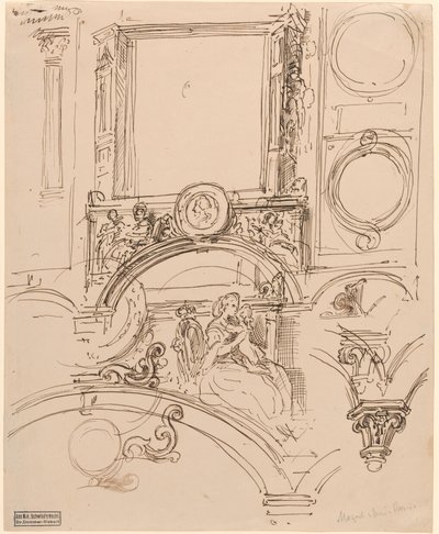 Architectural Details for a Wall Decoration with Empress Maria Theresia Embracing the Young Wolfgang Amadeus Mozart by Moritz Ludwig von Schwind