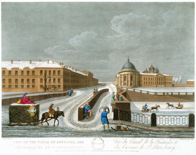 View of the Canal of Fontanka and the Barracks, illustration for November from A Year in St. Petersburg etched by John H. Clark, coloured by M. Dubourg. pub. 1815 in London by Edward Orme by Mornay