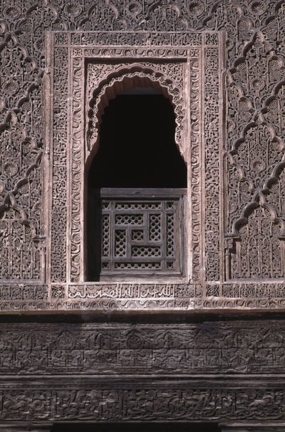 View of a window in the courtyard of the Ali ben Youssef Medersa, built by the Saadians in 1565 by Moroccan School